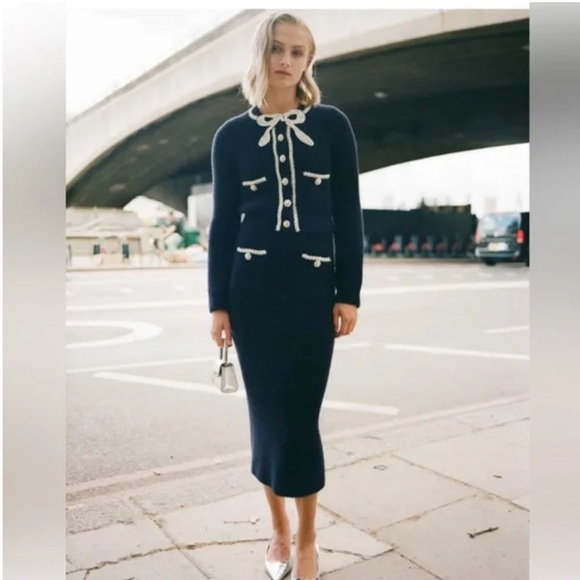 SELF-PORTRAIT Navy Embellished cropped cardigan & matching skirt SZ M $730 - Picture 3 of 11